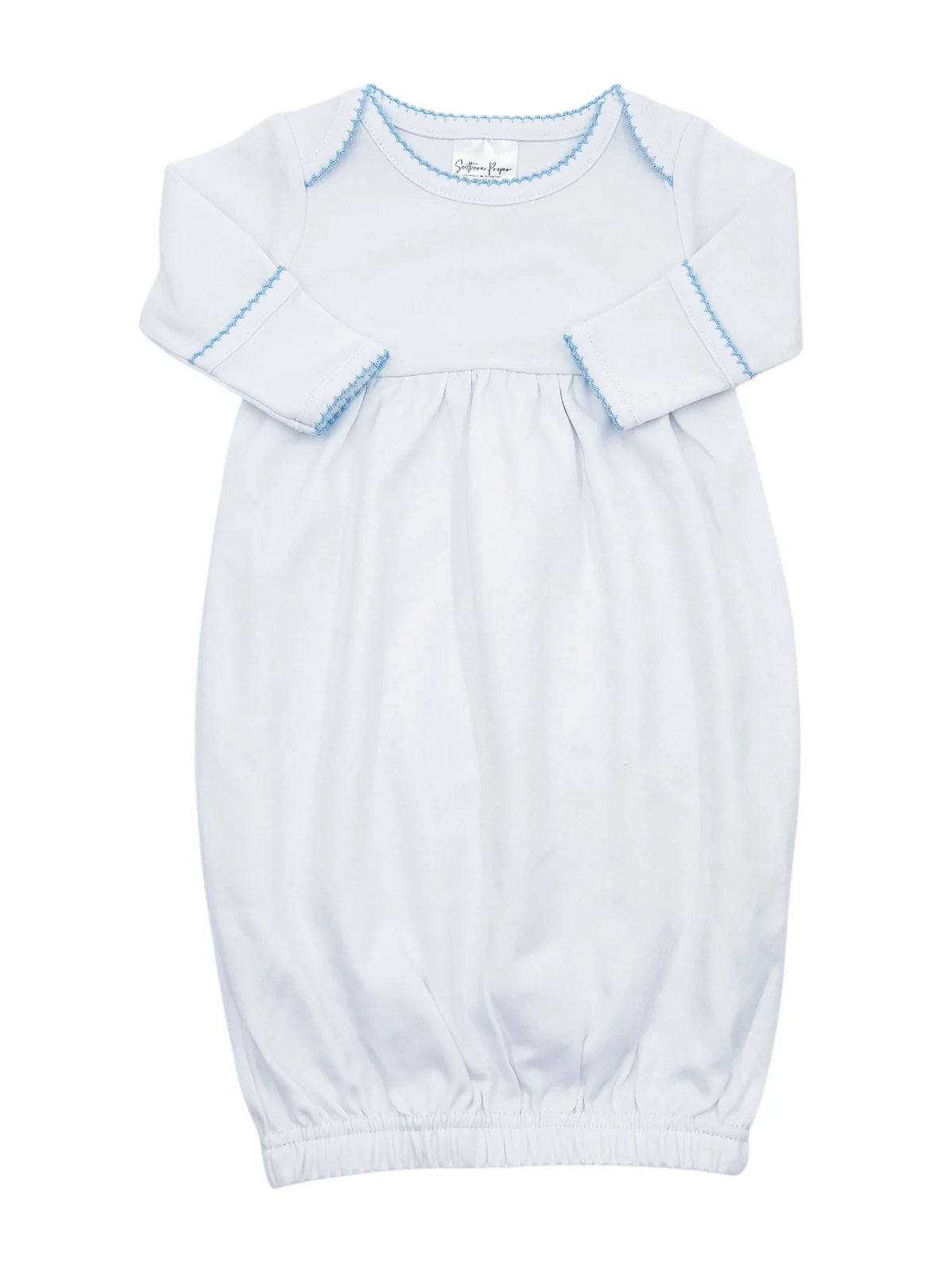 White picot trim newborn gown, available in pink and blue trim