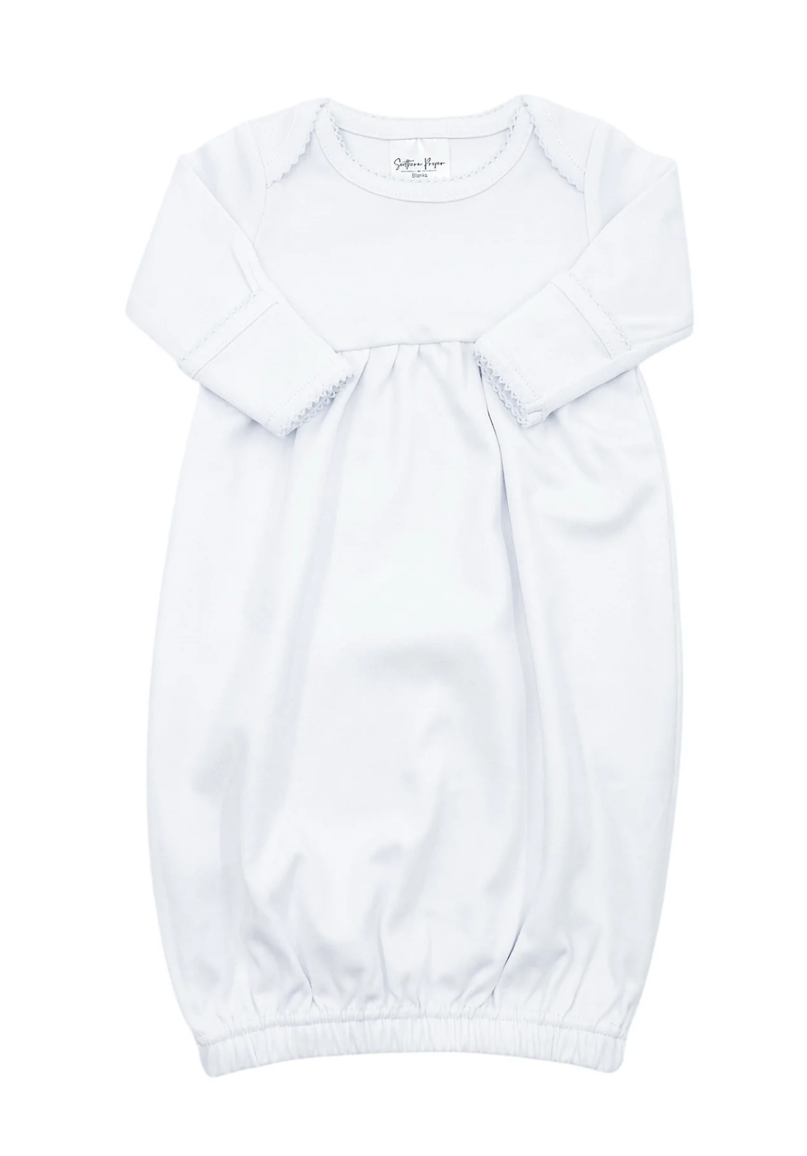 White picot trim newborn gown, available in pink and blue trim