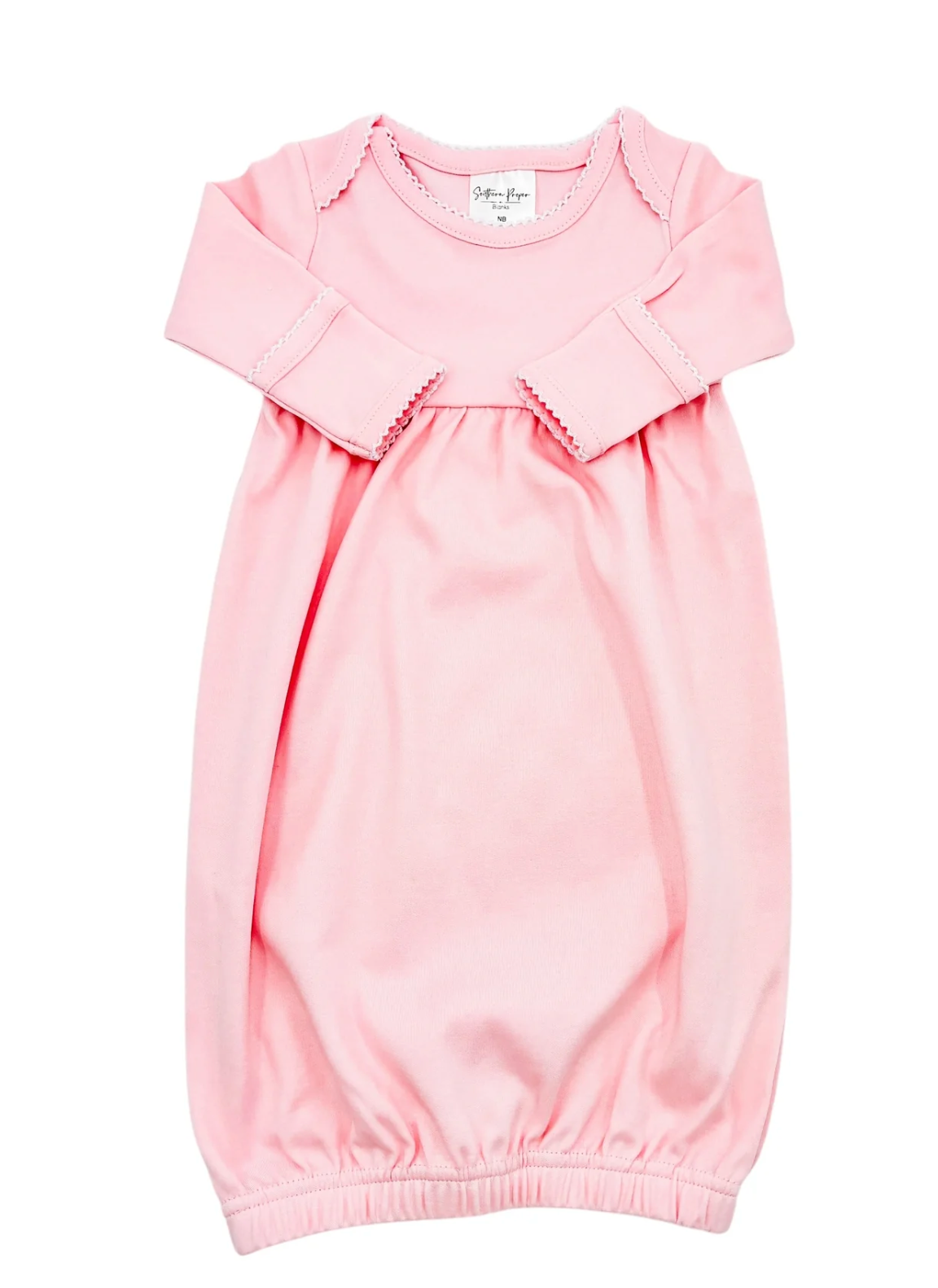 White picot trim newborn gown, available in pink and blue trim