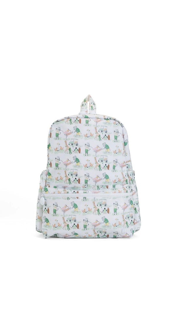 Backpack with a pattern of cartoon characters golfing on a white background