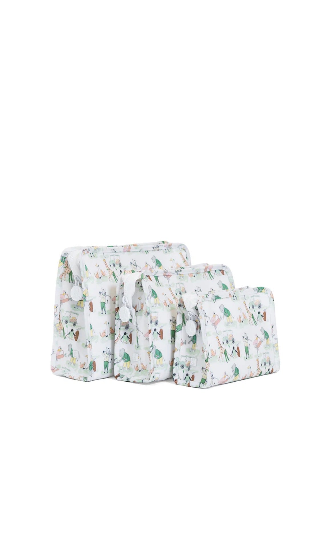 Set of three golf animal -patterned bags on a white background