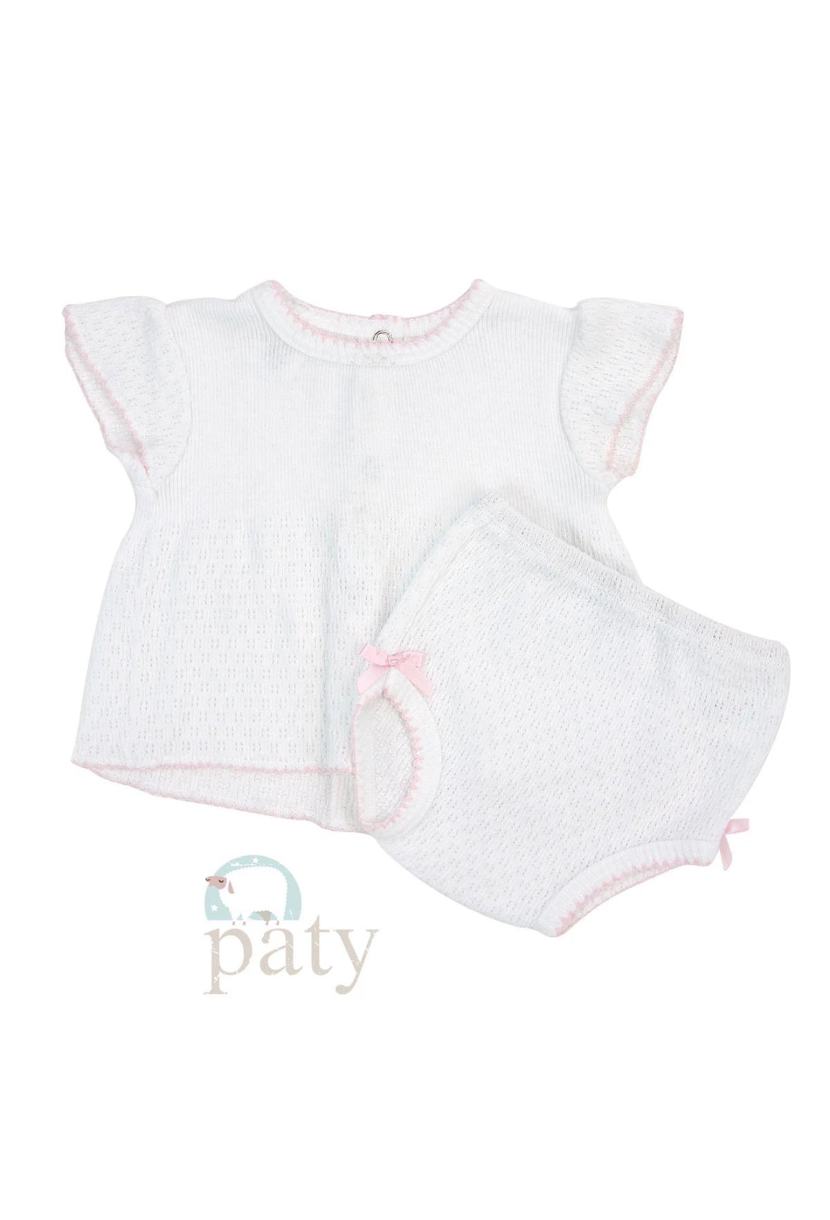 A white baby diaper set with pink trim, including a top with delicate flutter sleeves and matching bloomers with pink scalloped edging and bows at the legs.