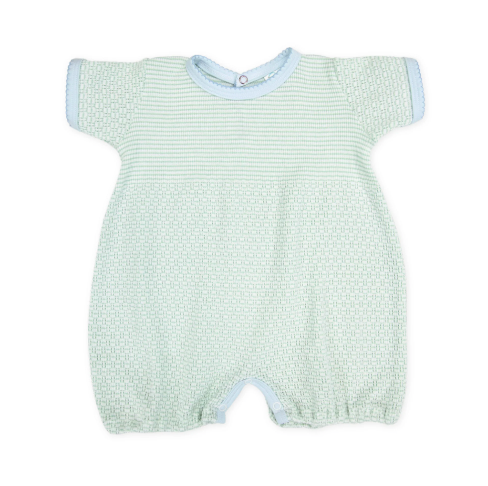 Mint knit bubble romper with blue trim by Paty
