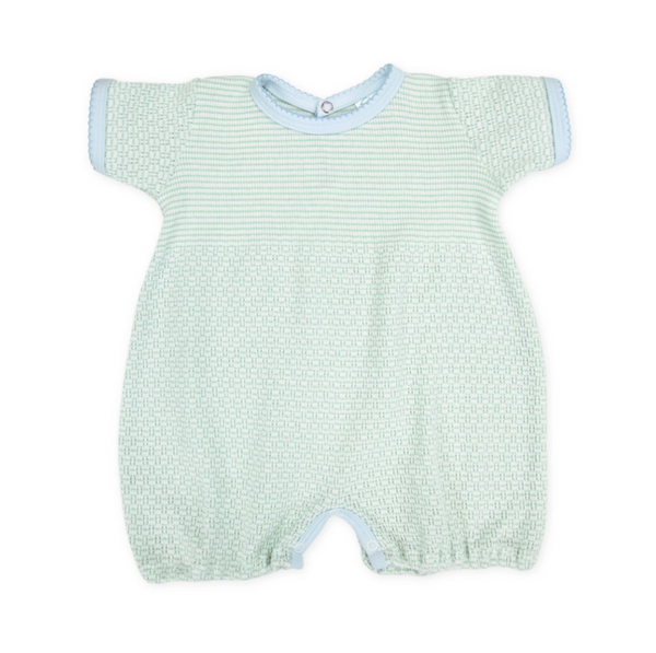Mint knit bubble romper with blue trim by Paty