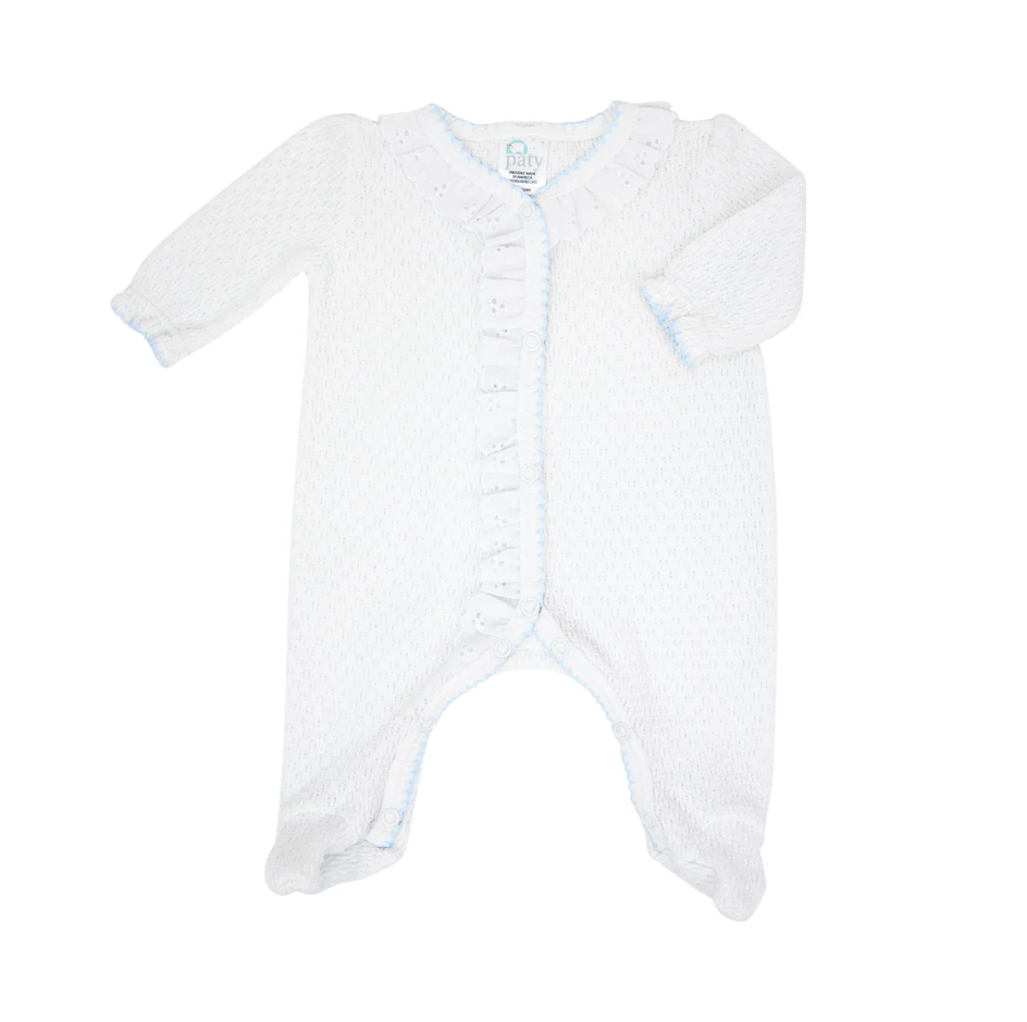 White knit eyelet footie with blue trim by Paty