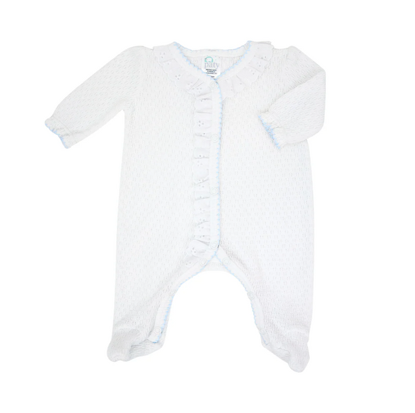 White knit eyelet footie with blue trim by Paty