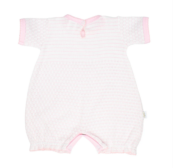 Pink pinstripe knit bubble with ruffle hem and pima trim by Paty