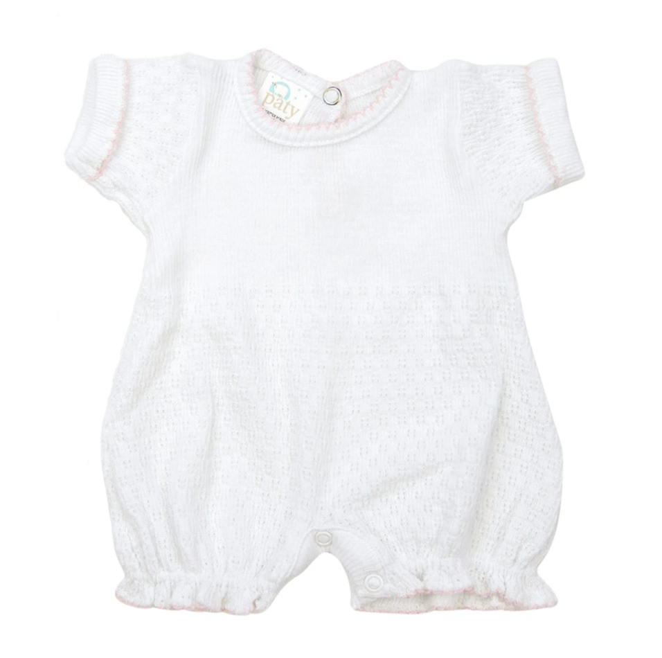 White pinstripe knit bubble with ruffle hem and pink pima trim by Paty