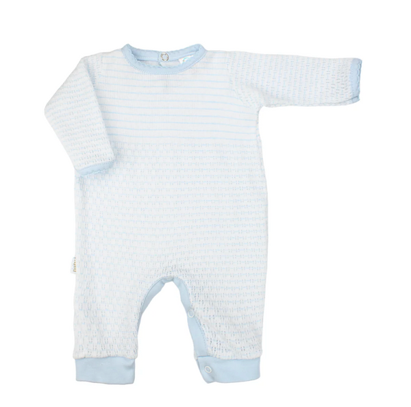 Blue pinstripe knit romper with pima trim by Paty