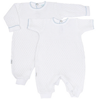 Two white baby rompers with blue trim on a white background