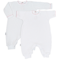 White long sleeve knit romper with pink trim for baby