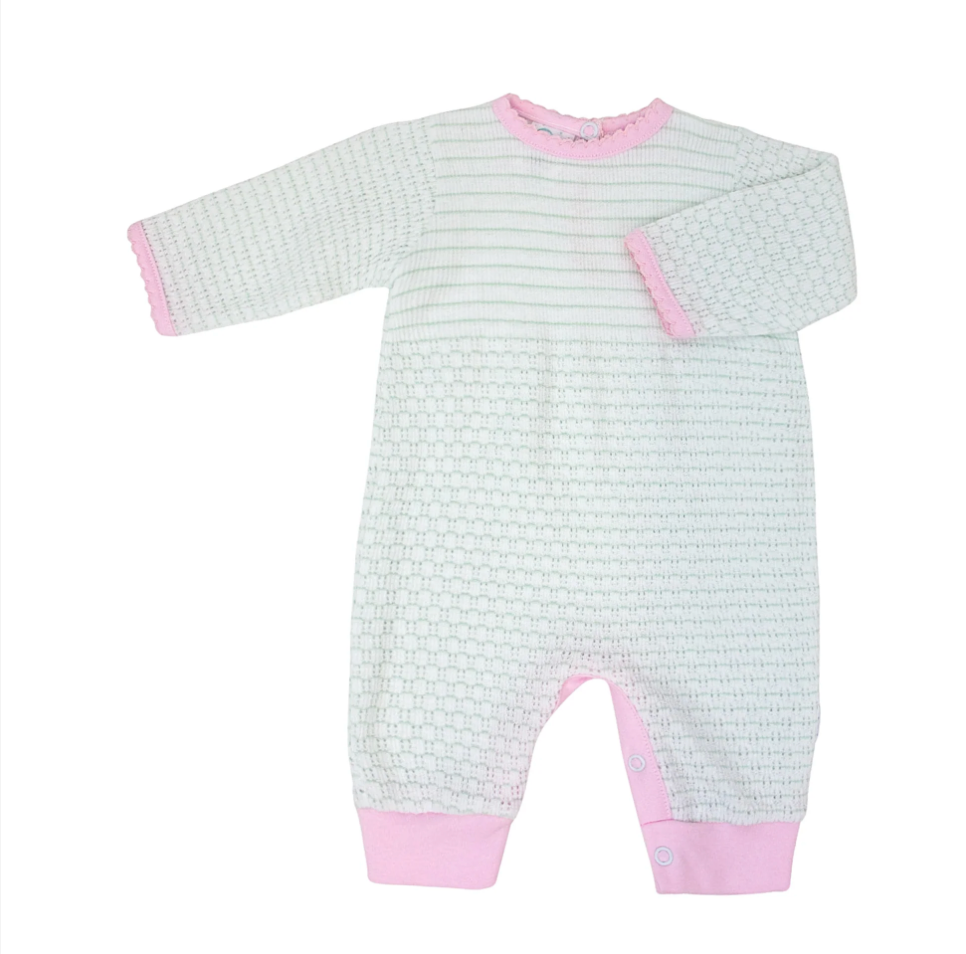 Mint knit romper with pink pima trim by Paty
