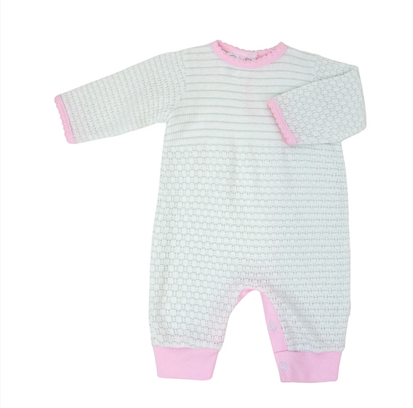 Mint knit romper with pink pima trim by Paty