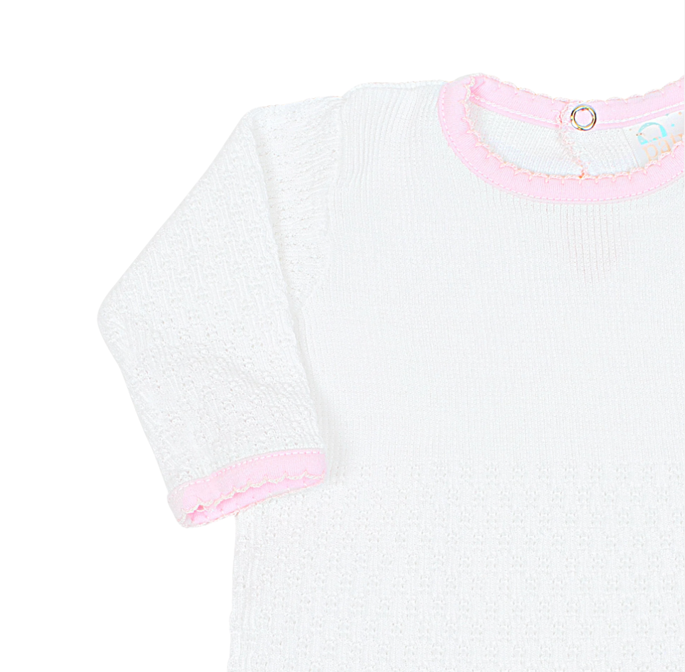 White knit romper with pink pima trim by Paty