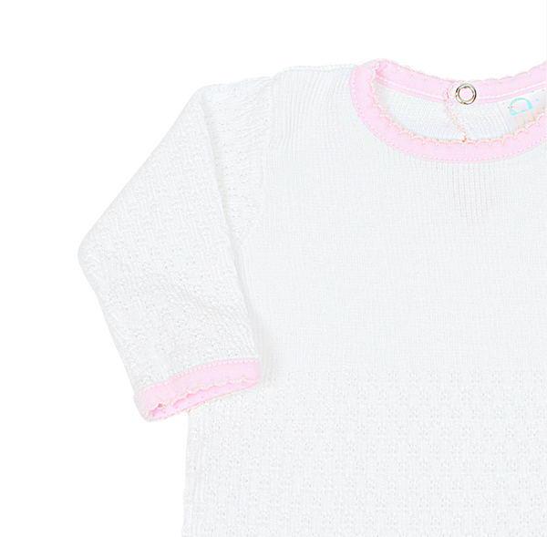 White knit romper with pink pima trim by Paty