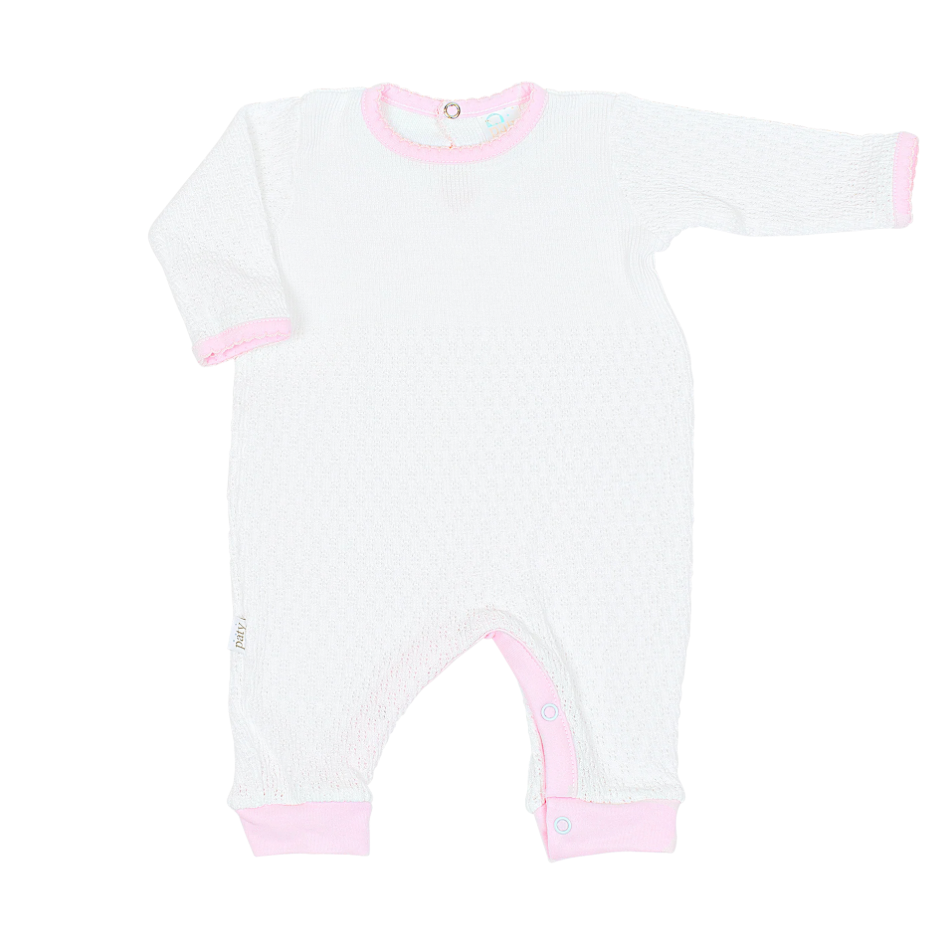 White knit romper with pink pima trim by Paty