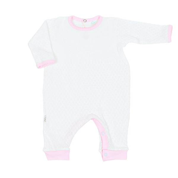 White knit romper with pink pima trim by Paty