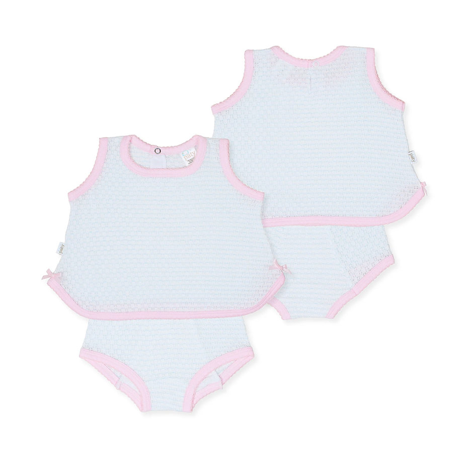 Blue knit sleeveless top and bloomer set with pink trim by Paty