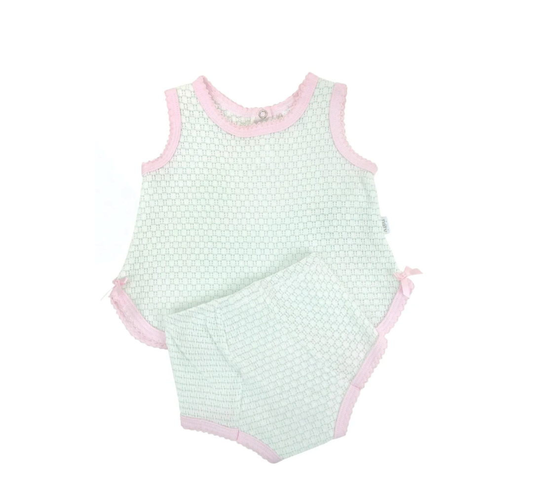 Mint knit sleeveless top and bloomer set with pink trim by Paty