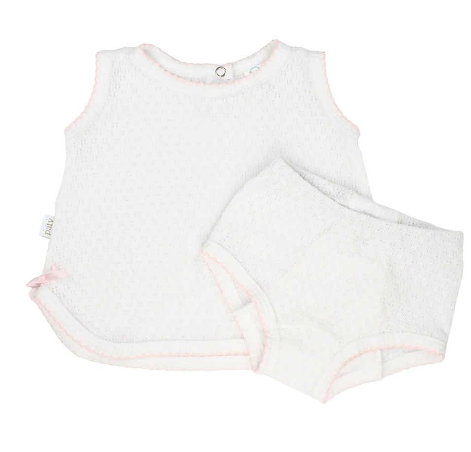 White knit sleeveless top and bloomer set with pink trim for baby