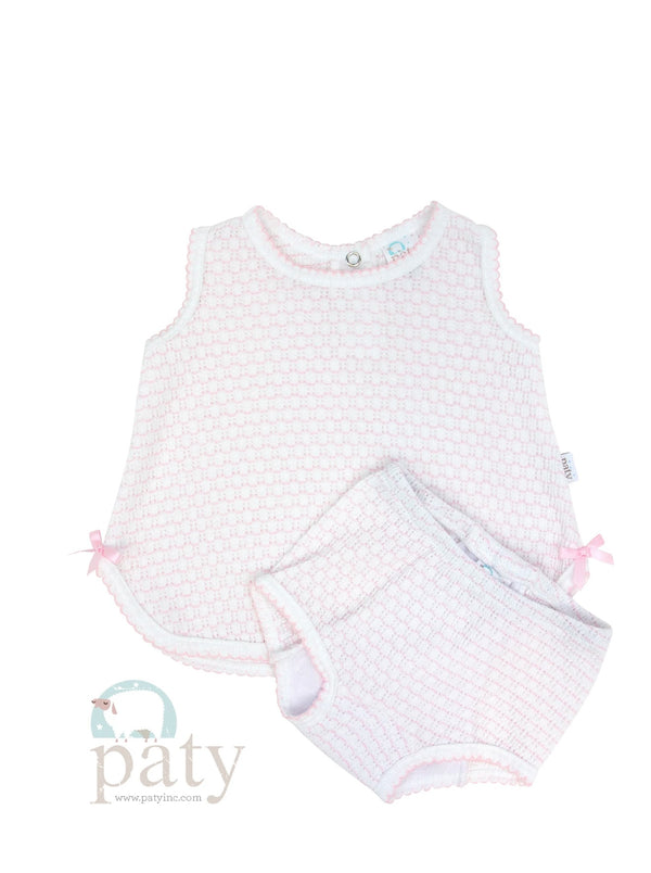 A pink and white knit sleeveless top and matching bloomer set for baby girls by Paty.