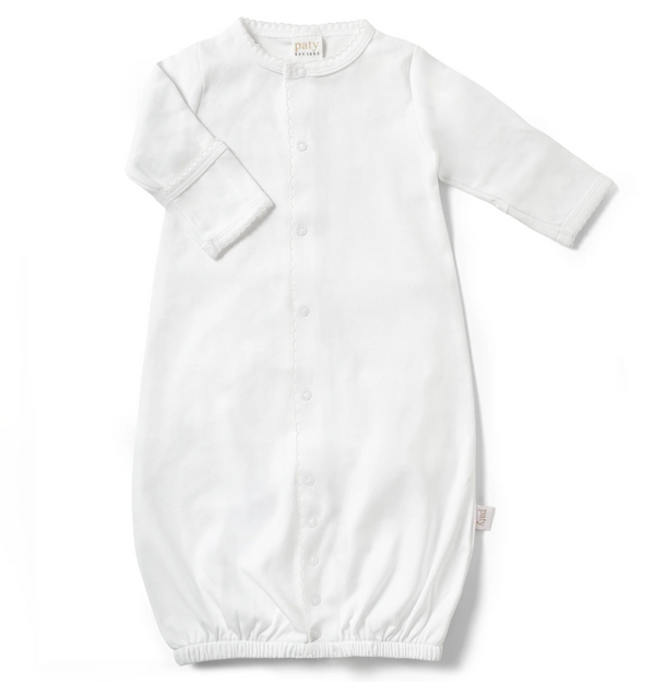 White organic cotton interlock converter gown with blue trim by Paty