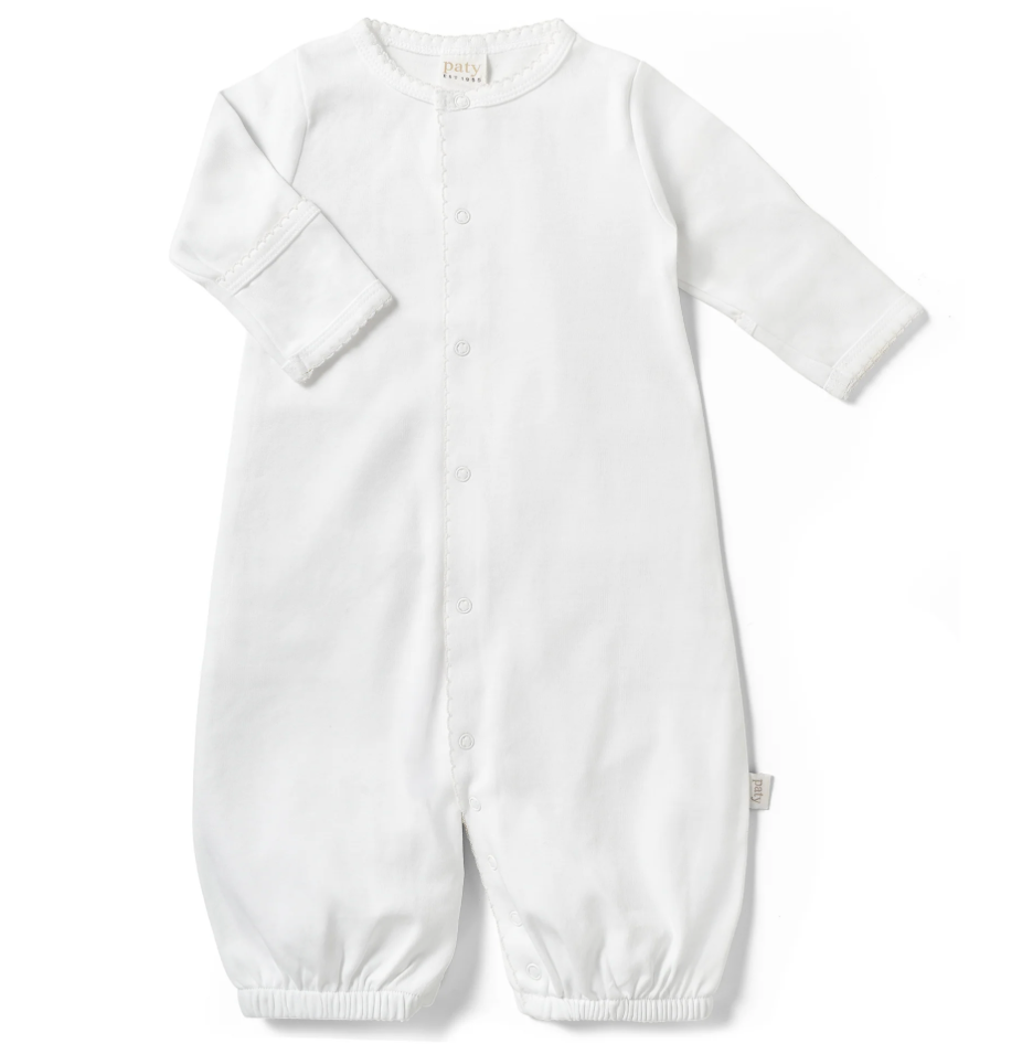 White organic cotton interlock converter gown with blue trim by Paty