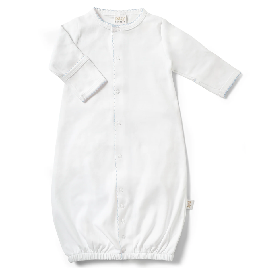 White organic cotton interlock converter gown with blue trim by Paty