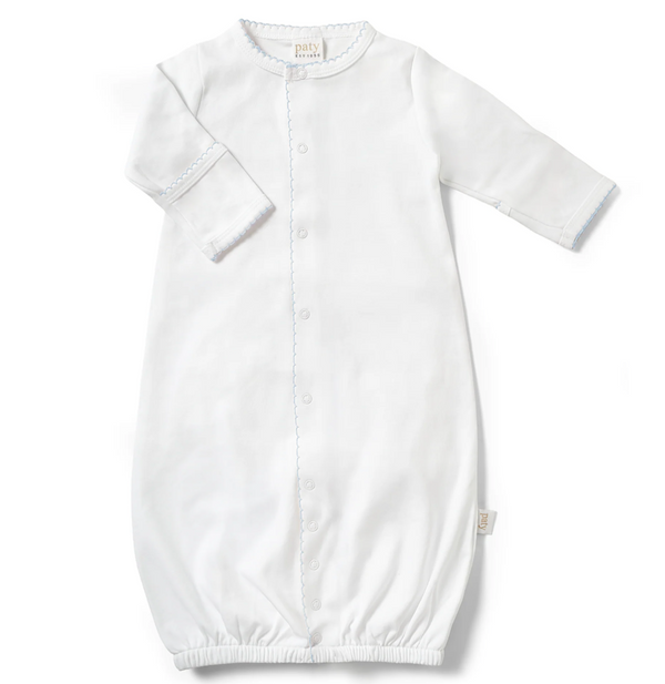 White organic cotton interlock converter gown with blue trim by Paty