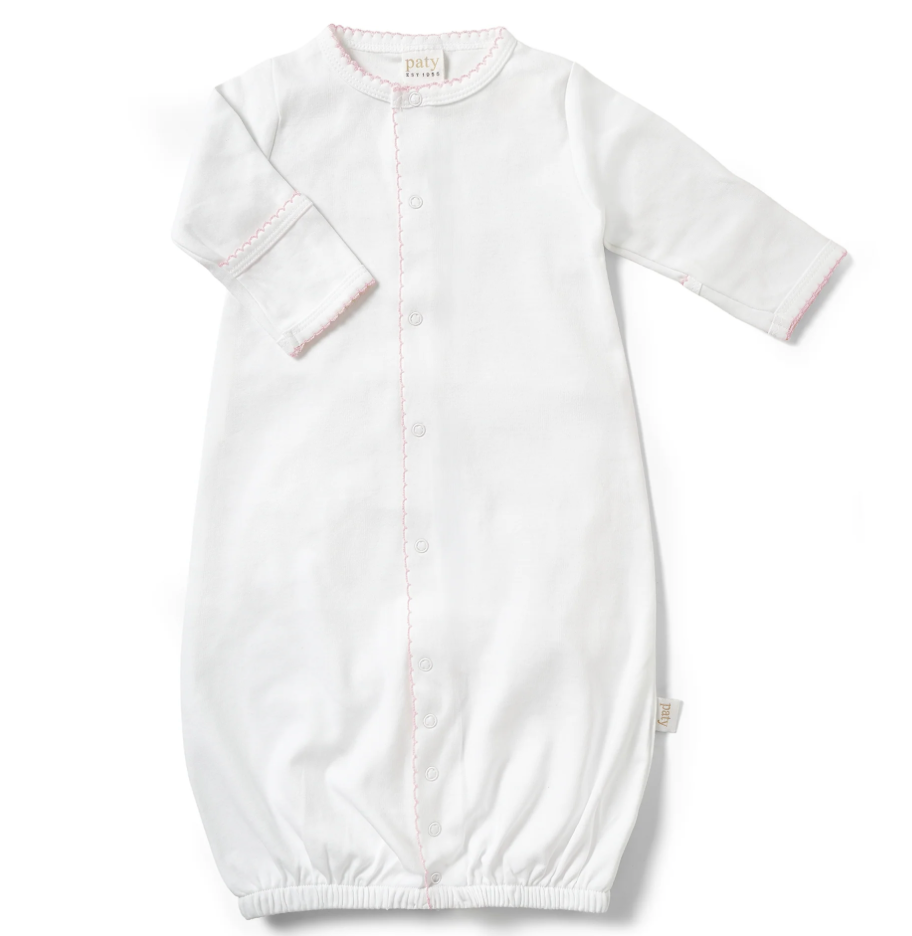 White organic cotton interlock converter gown with pink trim by Paty