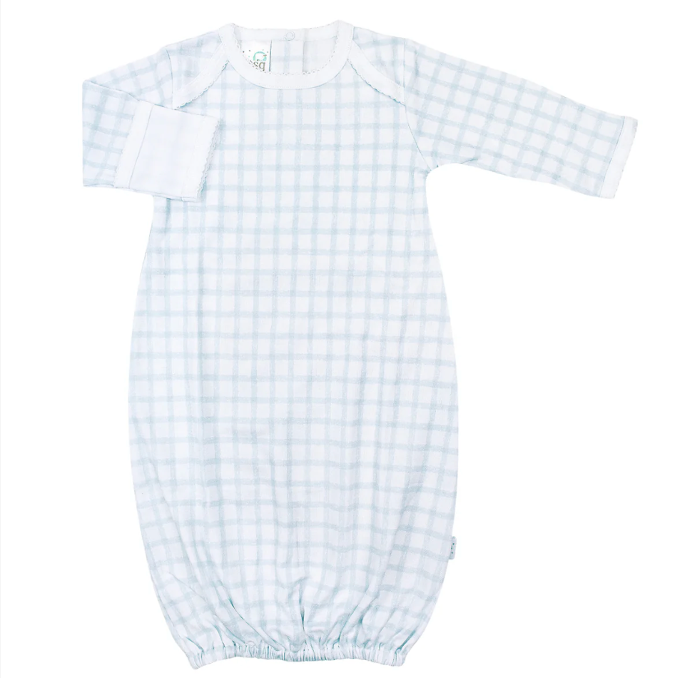 Blue gingham pima cotton overlap shoulder gown by Paty
