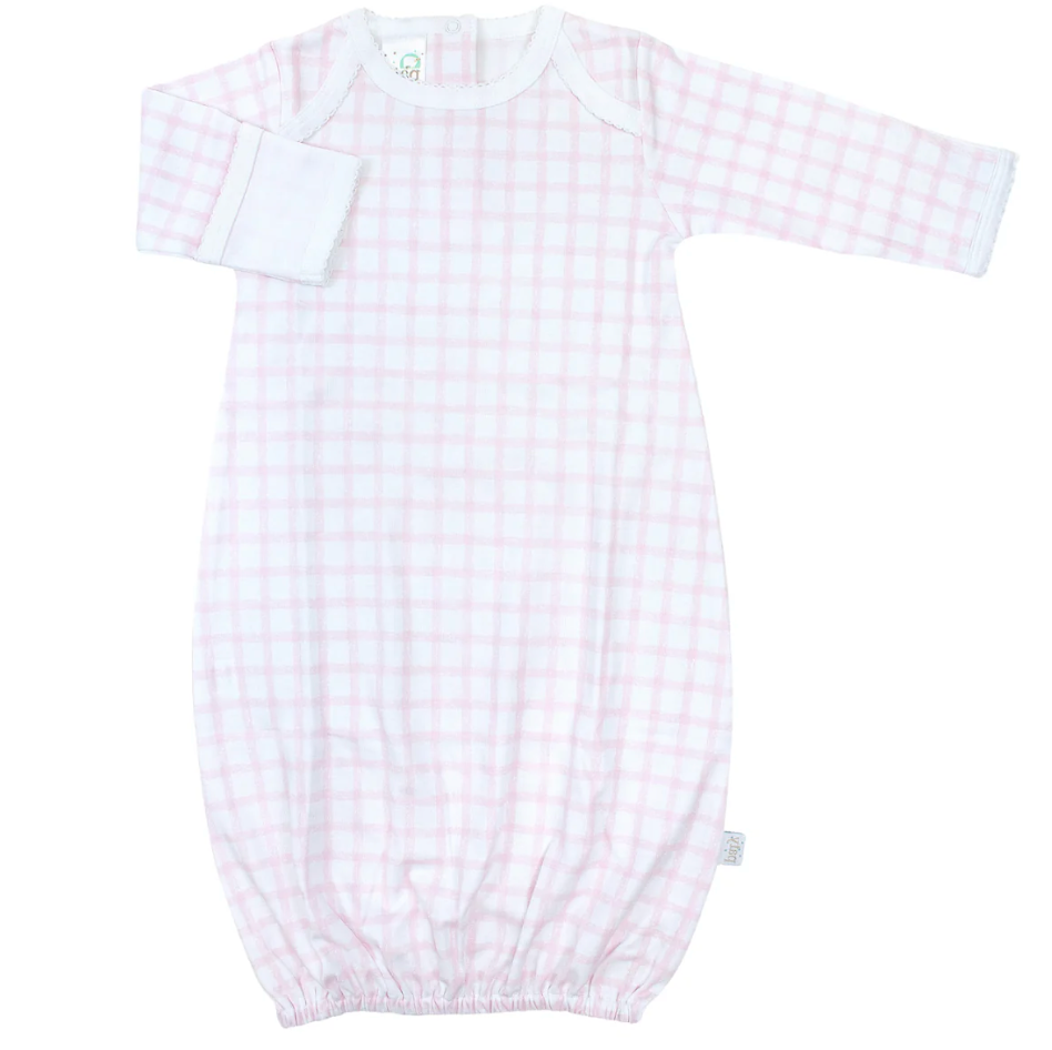 Pink gingham pima cotton overlap shoulder gown by Paty
