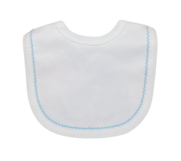 Picot trim baby bib, available in pink and blue