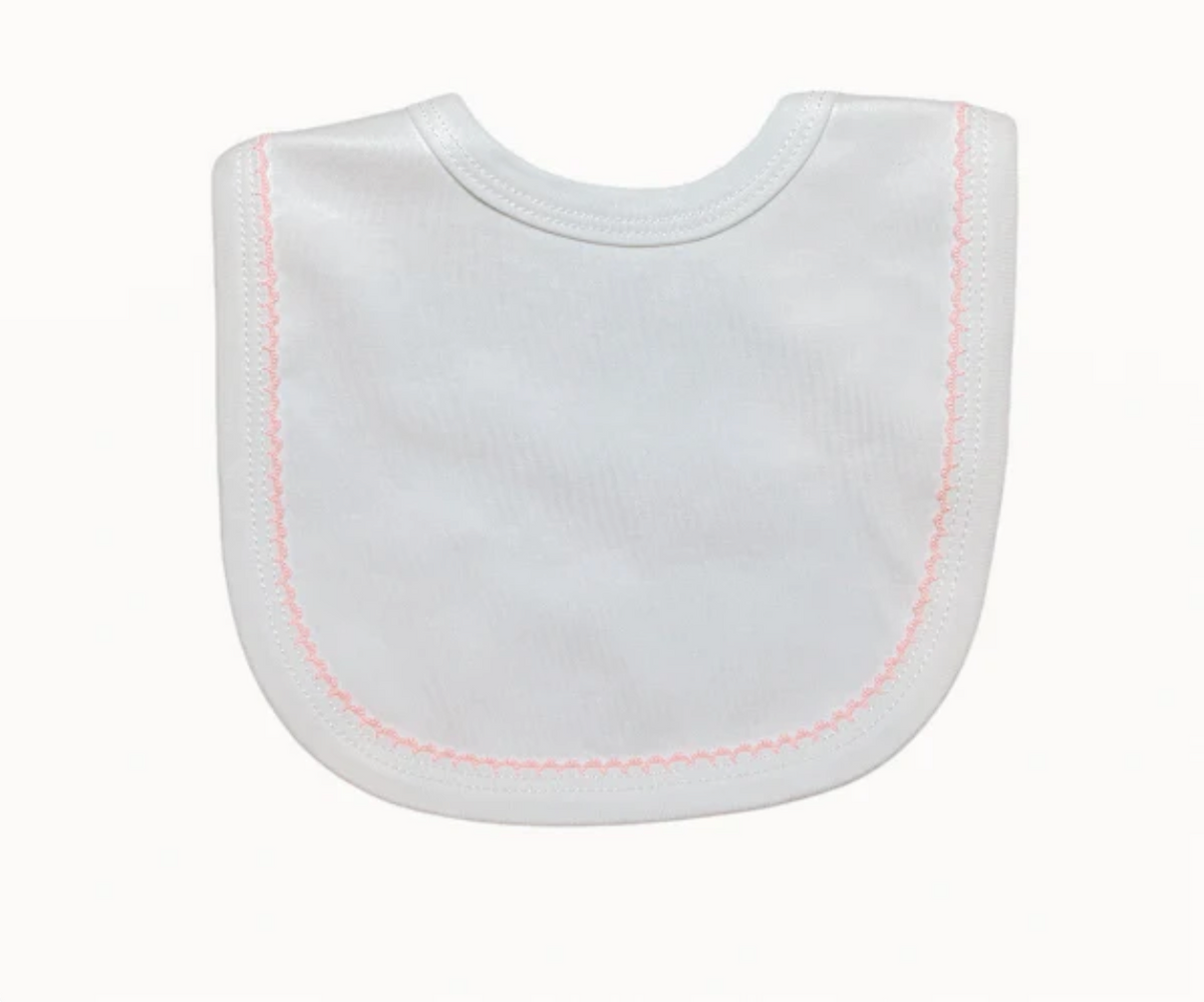 Picot trim baby bib, available in pink and blue