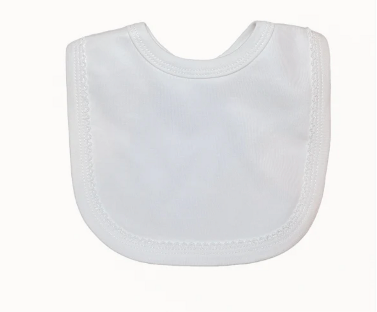 Picot trim baby bib, available in pink and blue