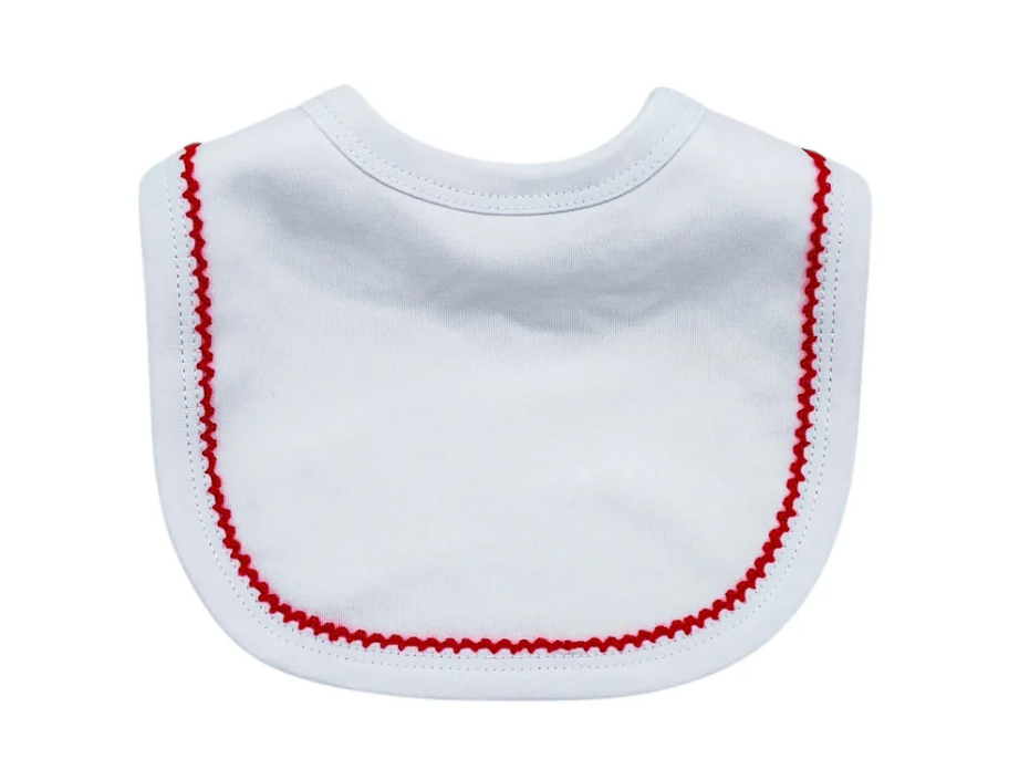 Picot trim baby bib, available in pink and blue