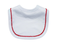 Picot trim baby bib, available in pink and blue