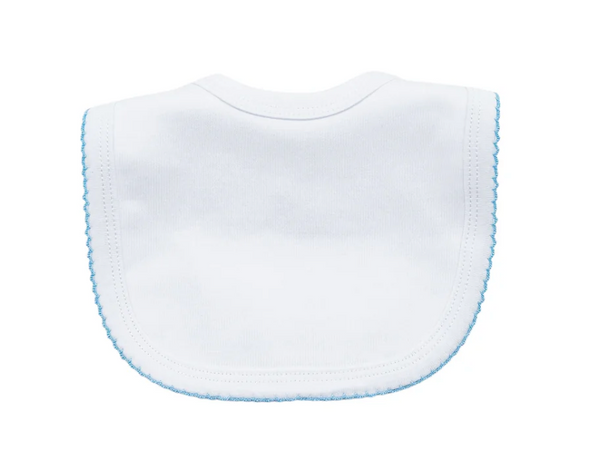 Picot trim baby bib, available in pink and blue