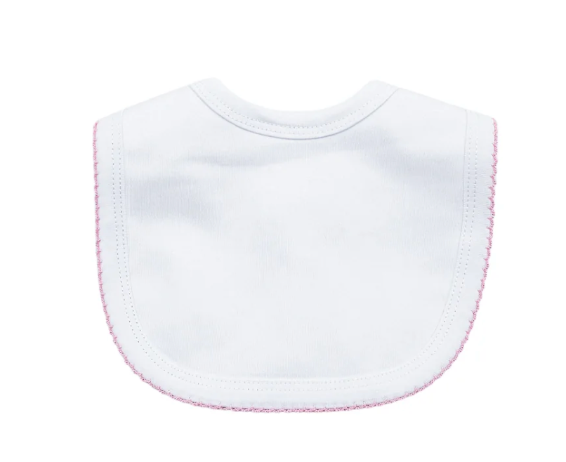 Picot trim baby bib, available in pink and blue