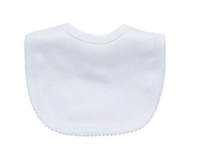 Picot trim baby bib, available in pink and blue