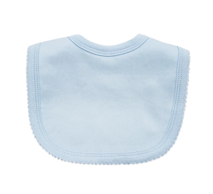 Picot trim baby bib, available in pink and blue