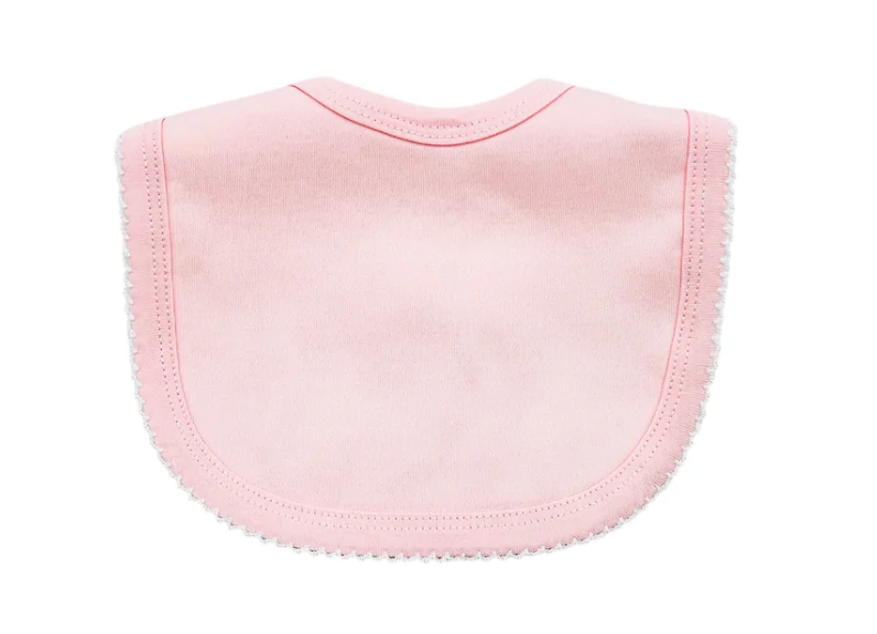 Picot trim baby bib, available in pink and blue