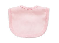 Picot trim baby bib, available in pink and blue
