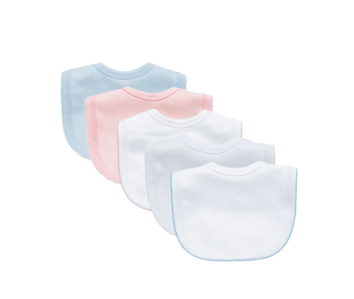 Picot trim baby bib, available in pink and blue