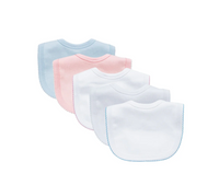 Picot trim baby bib, available in pink and blue