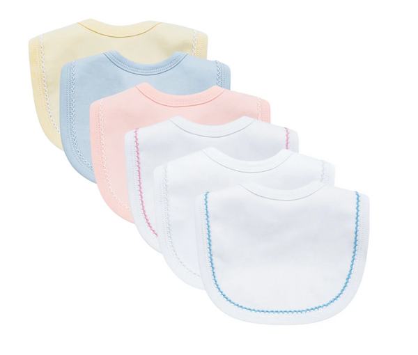 Picot trim baby bib, available in pink and blue