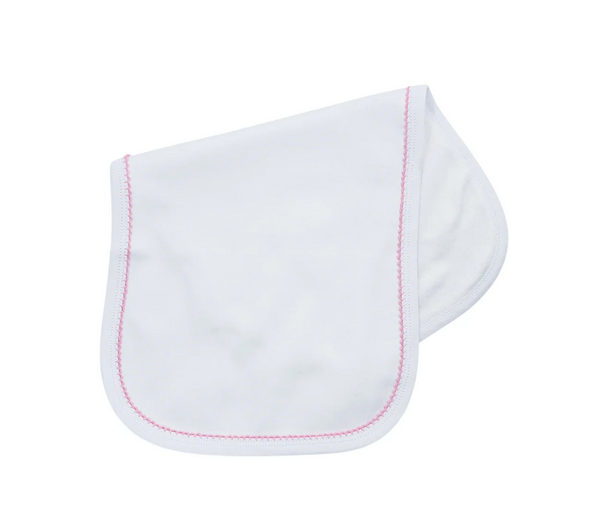 Picot trim baby burp cloth, available in pink and blue