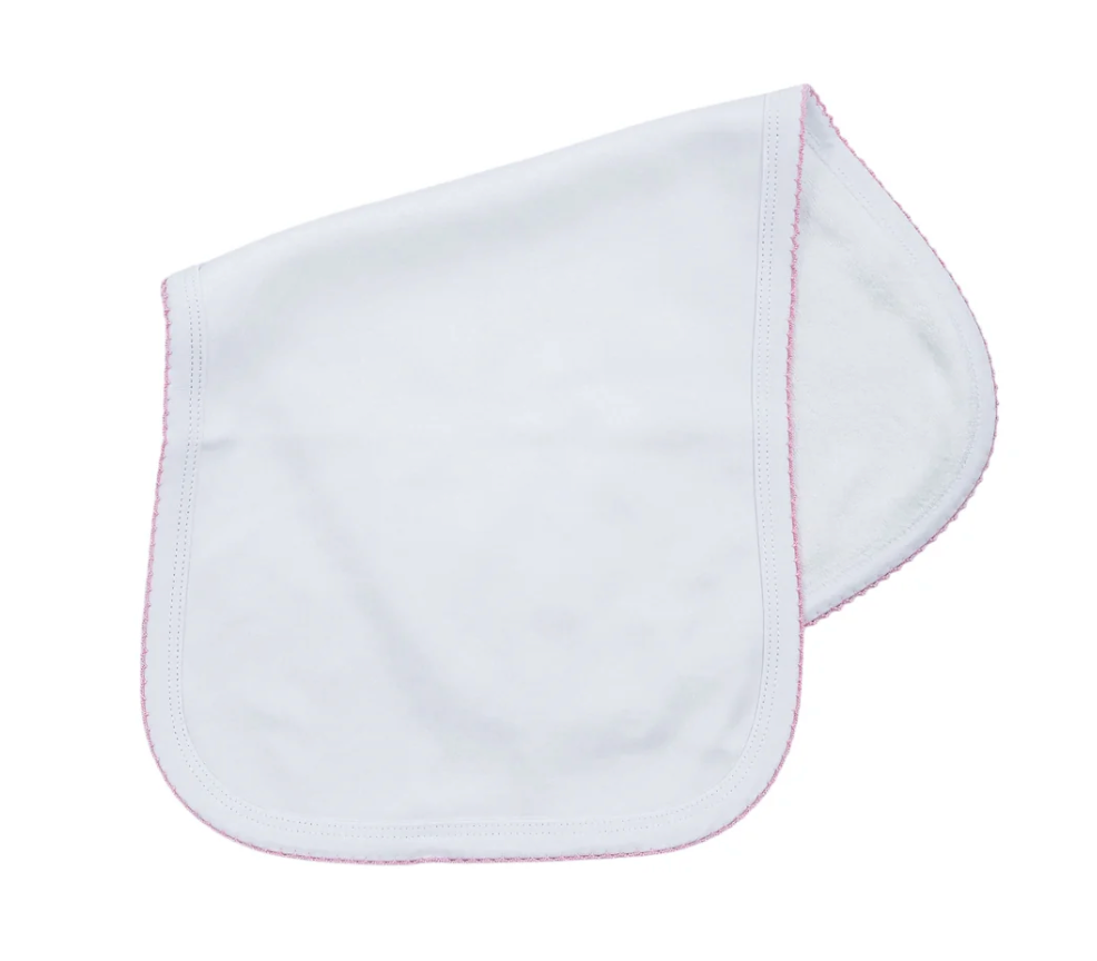 Picot trim baby burp cloth, available in pink and blue