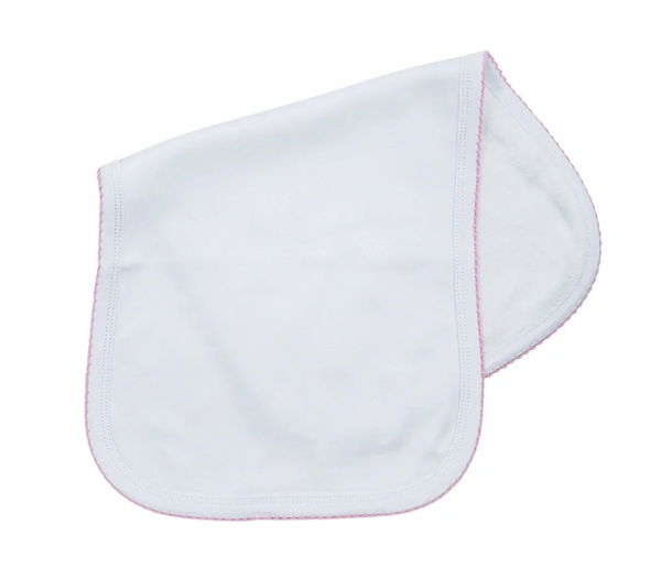 Picot trim baby burp cloth, available in pink and blue