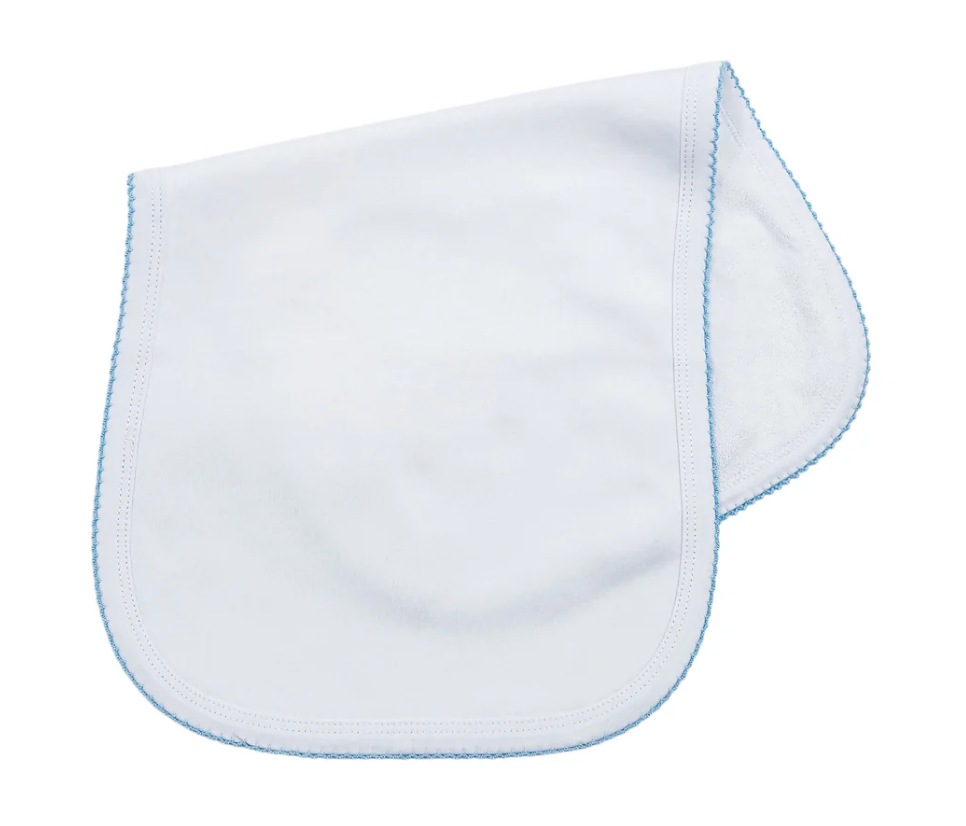 Picot trim baby burp cloth, available in pink and blue